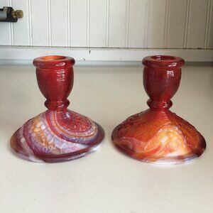 Imperial Red White Slag Glass Candle Holders Set of 2